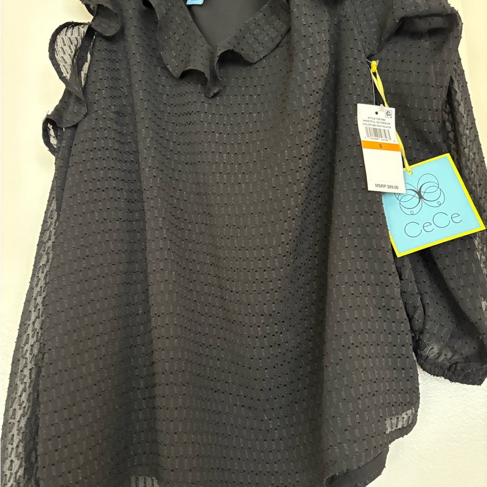 CeCe Women's Textured Black Blouse